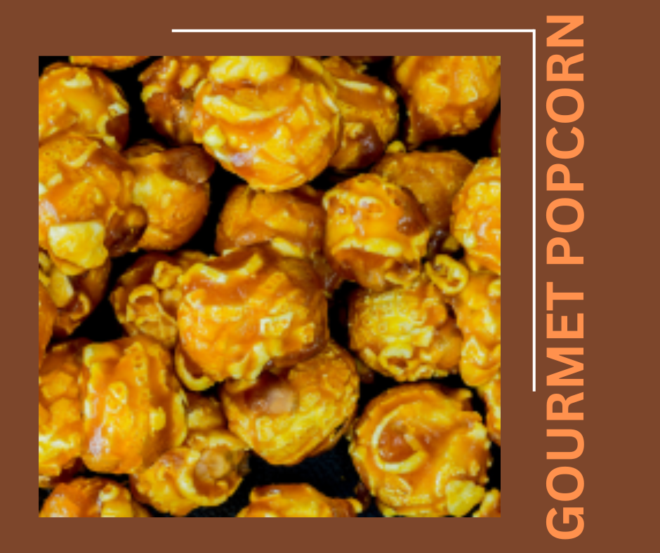 The popcorn includes flavors like caramel, coated in a glossy golden layer, candied in bright colors like red and blue, and infused with subtle hints of other flavors. 